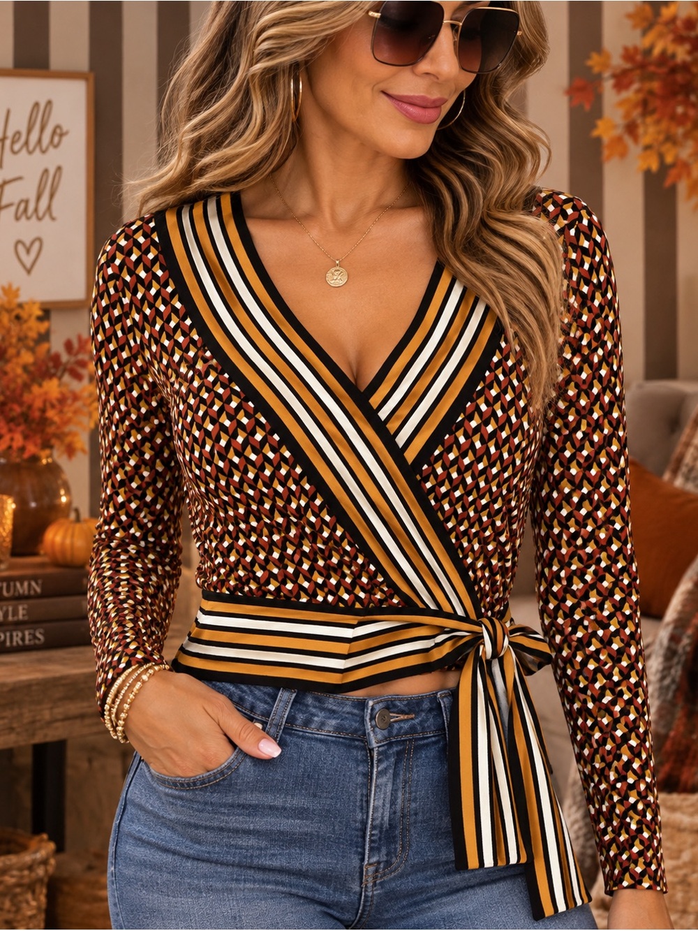 MICHAEL Michael Kors Geo Border Wrap Side Tie Black Gold Cream top blouse SMALL